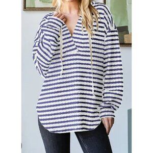 Heimish USA Women's Stripe Top V Neck Hoodie Size 1X Nautical Coastal Classic